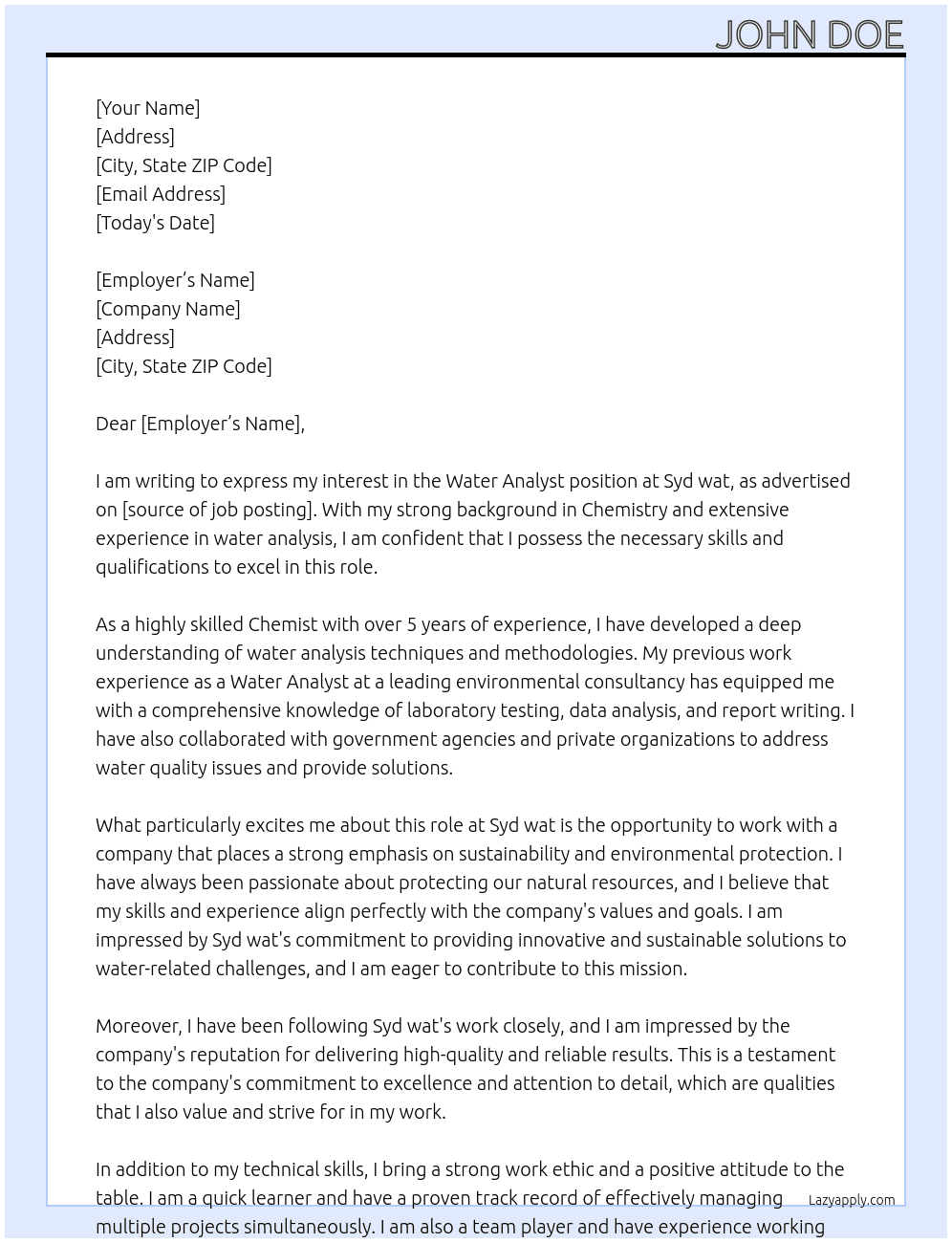Water analyst At Syd wat Cover Letter