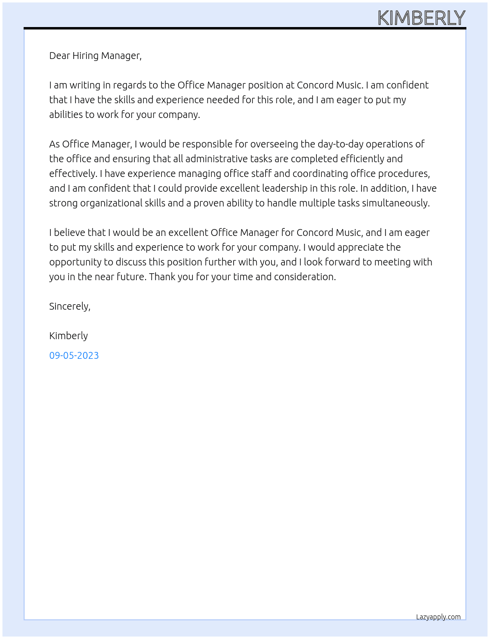 Office Manager At Concord Music Cover Letter