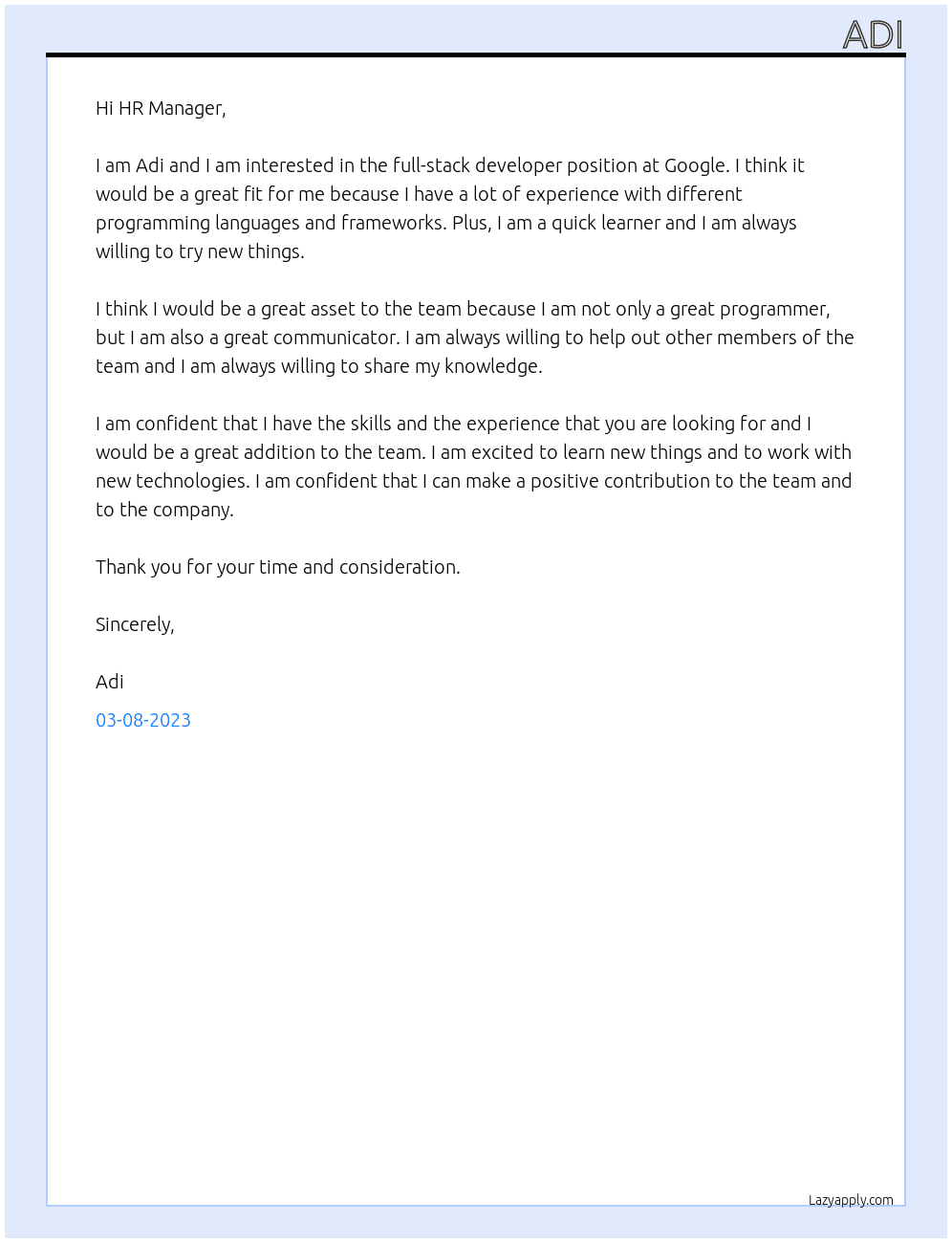 Full-stack developer At Google Cover Letter