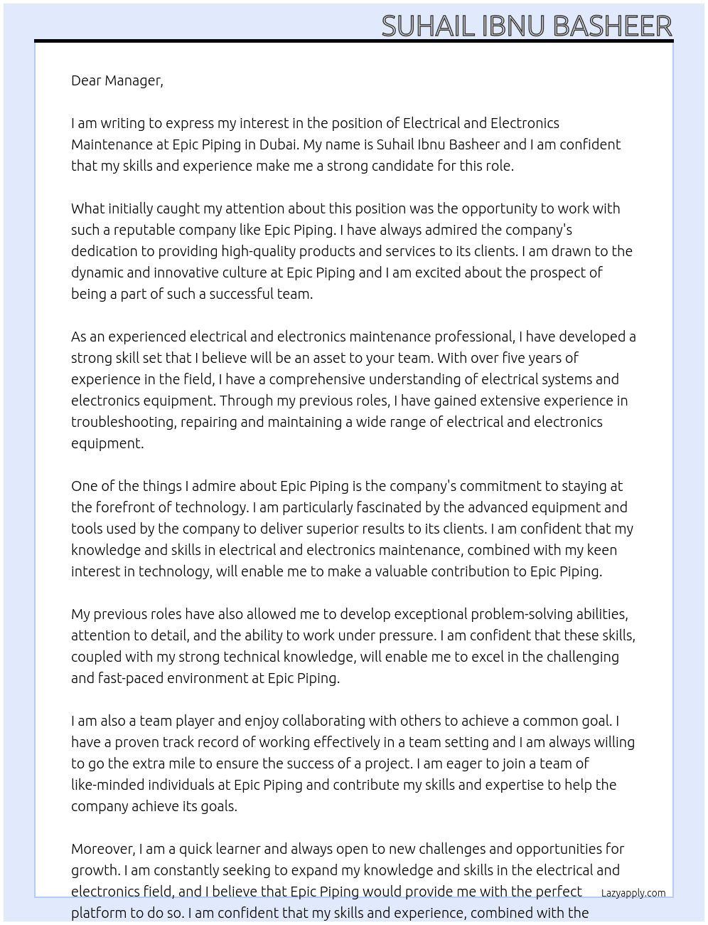 ELECTRICAL AND ELECTRONICS MAINTENANCE  At Epic Piping - Dubai Cover Letter