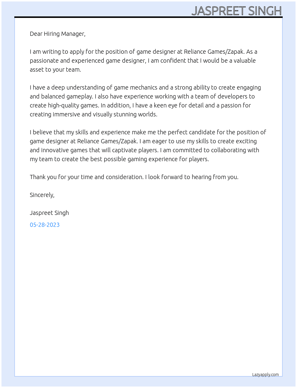 Game designer  At Reliance Games/Zapak Cover Letter