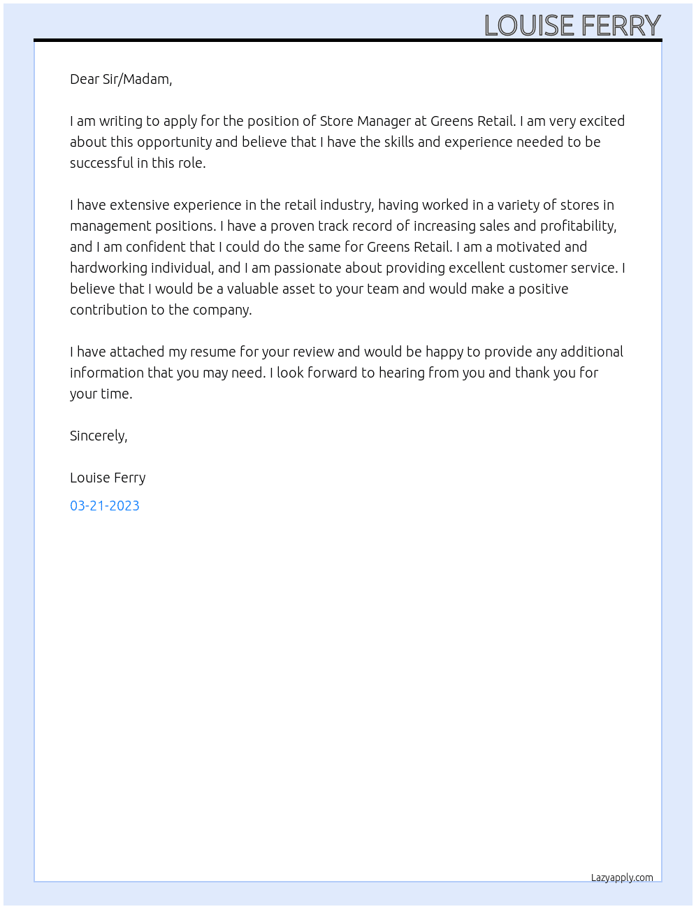 Store manager At Greens Retail Cover Letter
