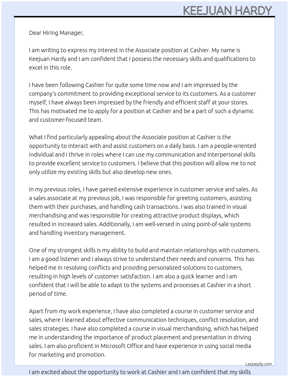 Associate  At Cashier Cover Letter