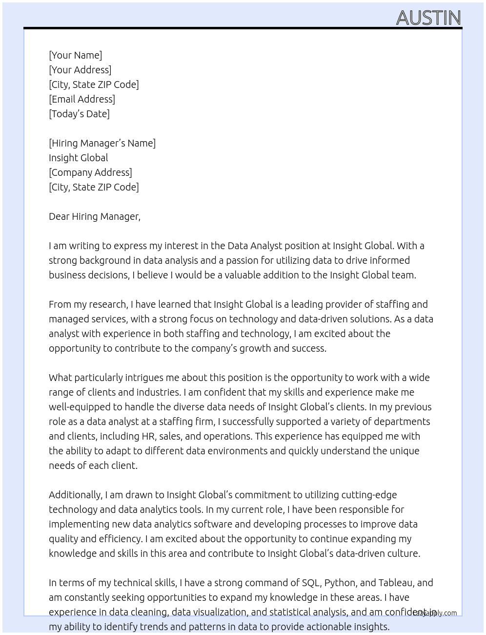 Data Analyst At Insight Global Cover Letter