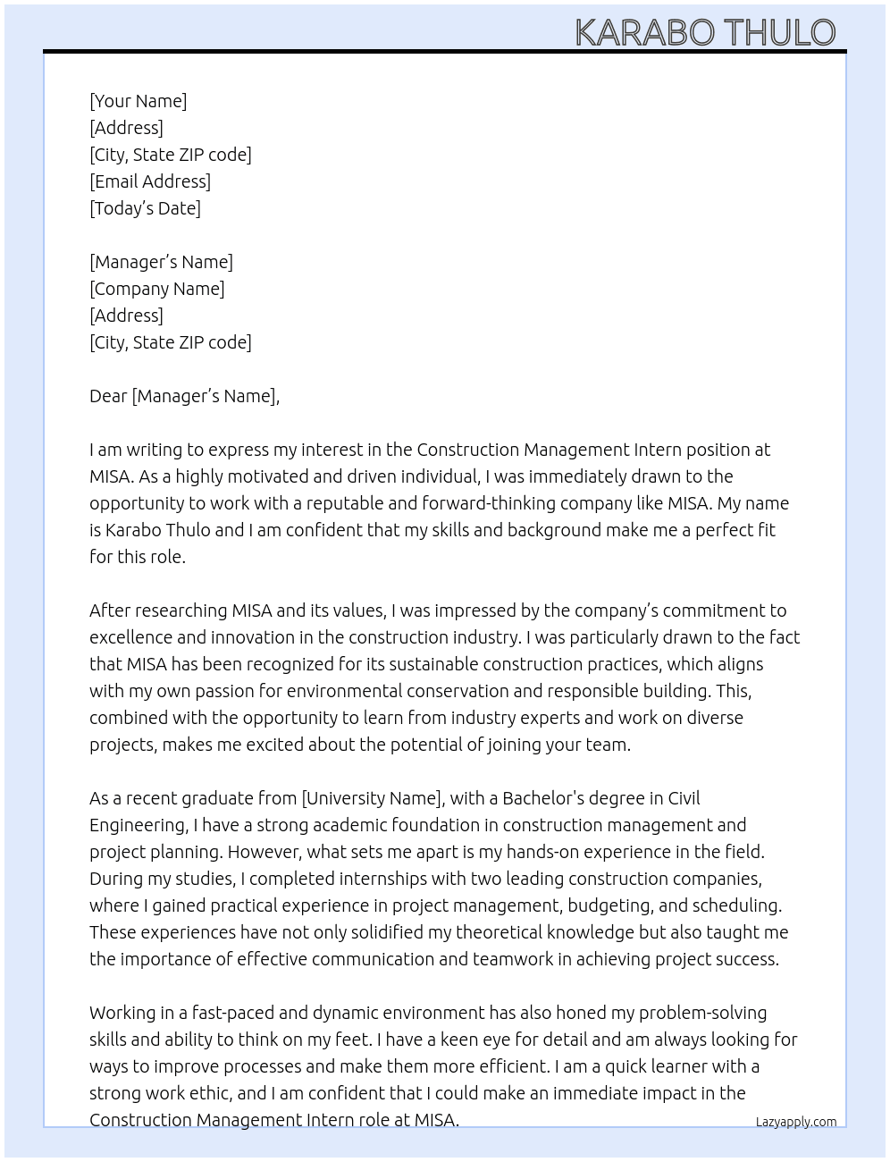 Construction Management Intern At MISA Cover Letter