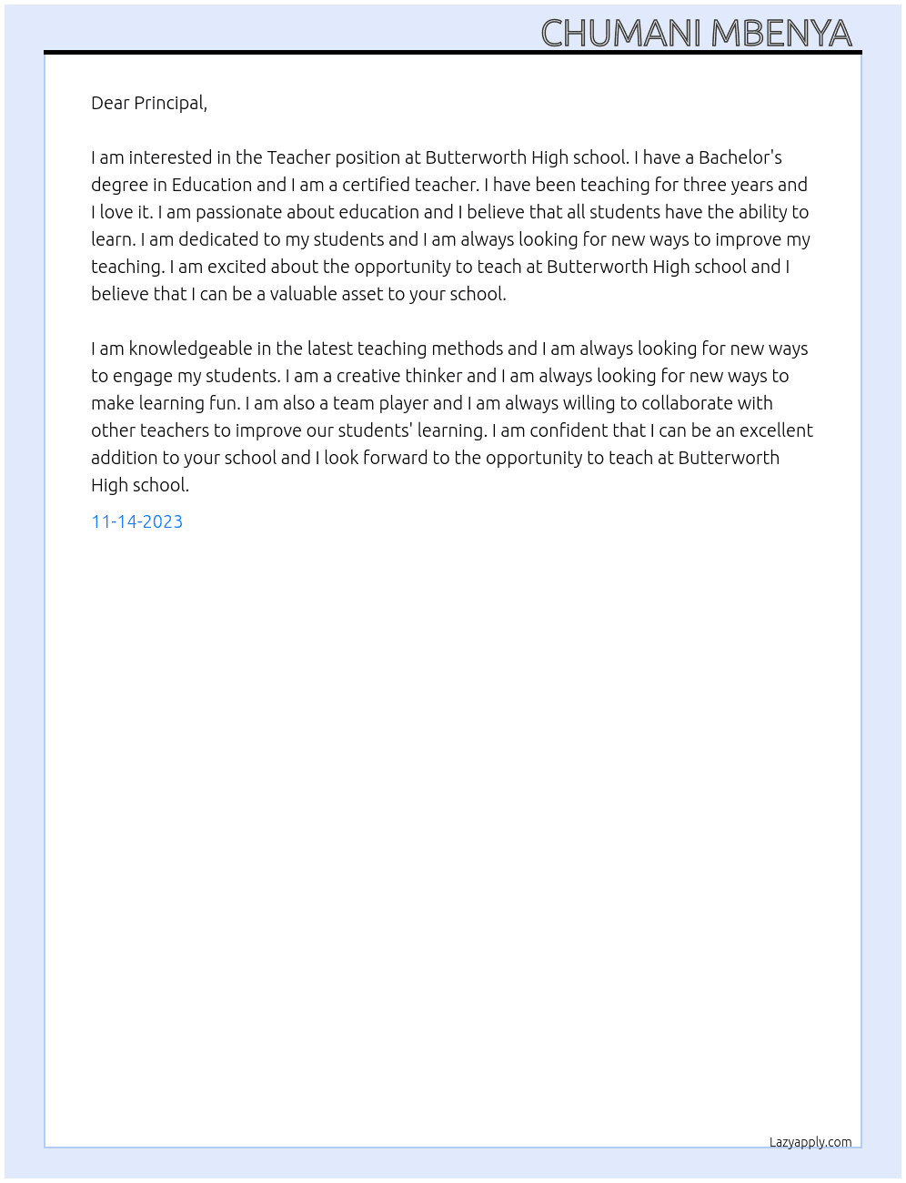 Teacher  At Butterworth High school  Cover Letter