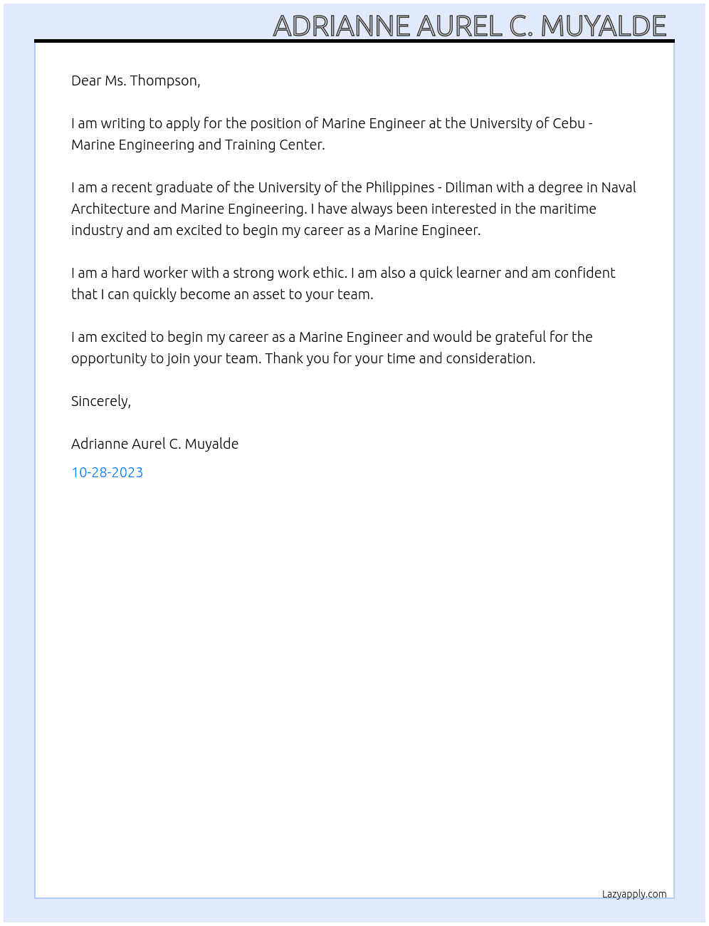marine Engineer  At UNIVERSITY OF CEBU - MARINE ENGINEERING and Training Center  Cover Letter