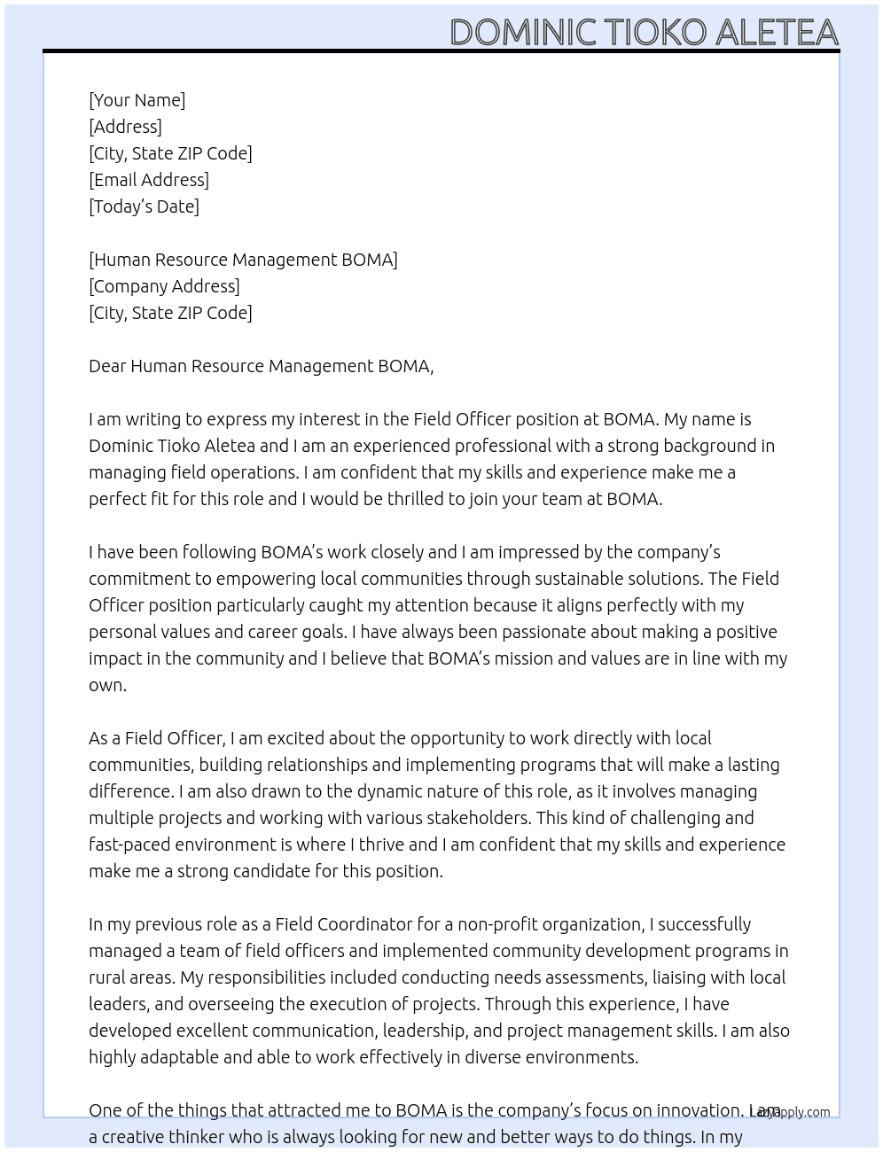 FIELD OFFICER At BOMA Cover Letter