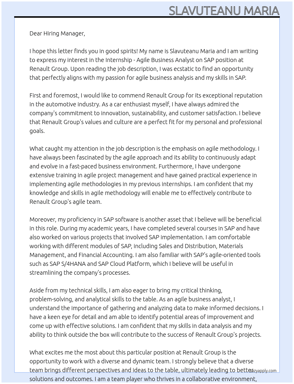 Intership - Agile Bussiness Analyst on SAP At Renault Group Cover Letter