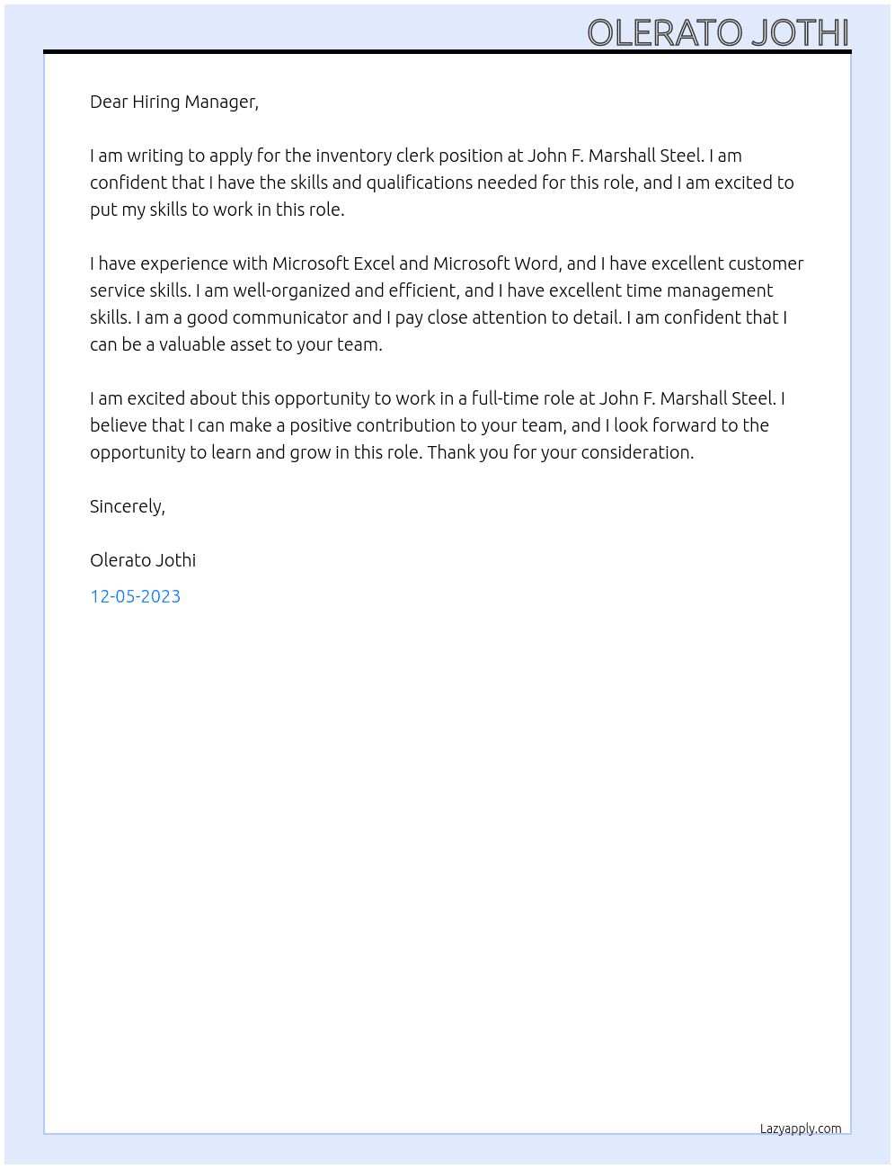 inventory clerk At JOHN F.  marshall steel Cover Letter