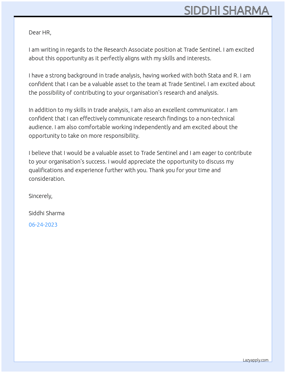 Research Associate  At Trade Sentinel  Cover Letter