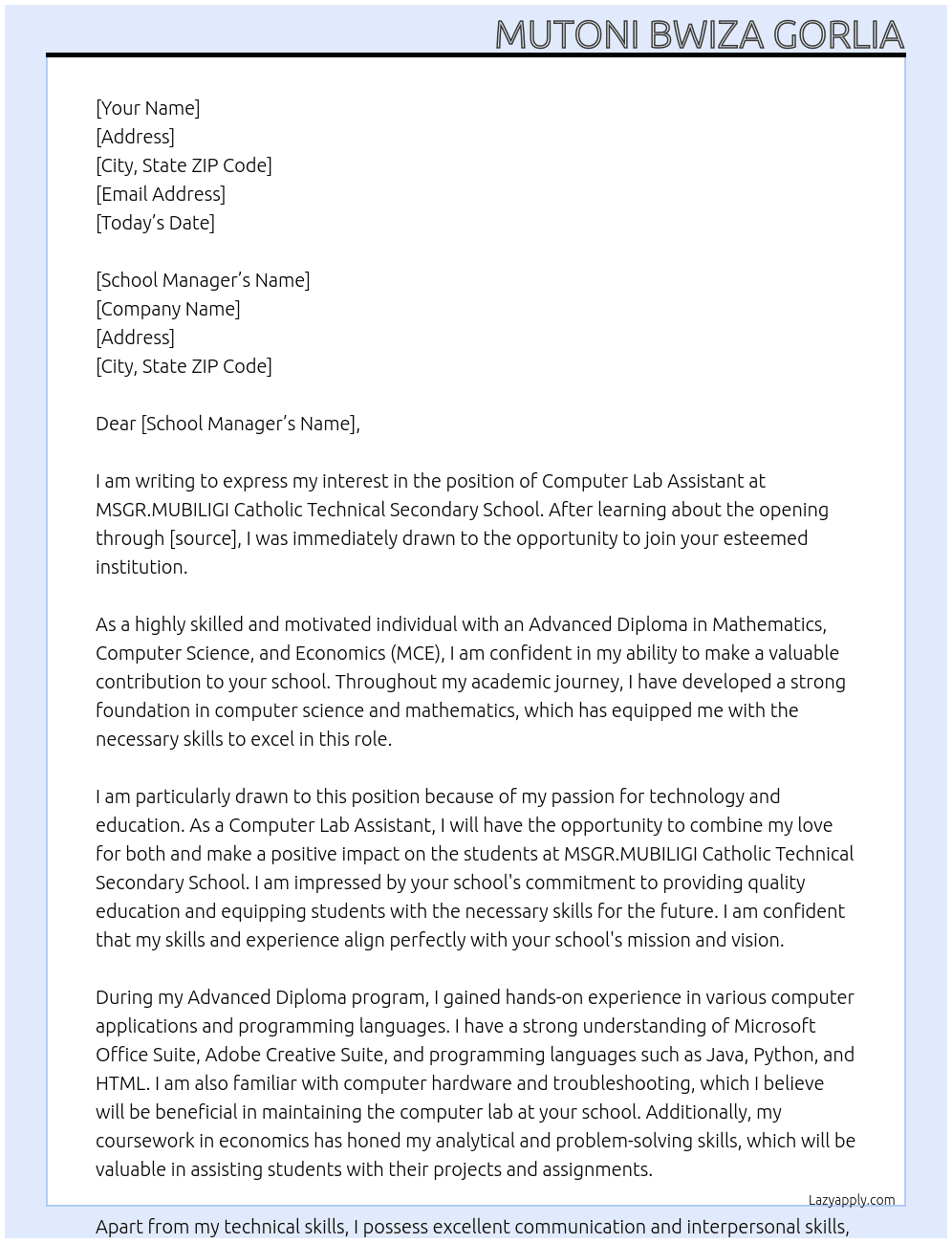 COMPUTER LAB ASSISTANT At MSGR.MUBILIGI Catholic Technical Secondary School.  Cover Letter