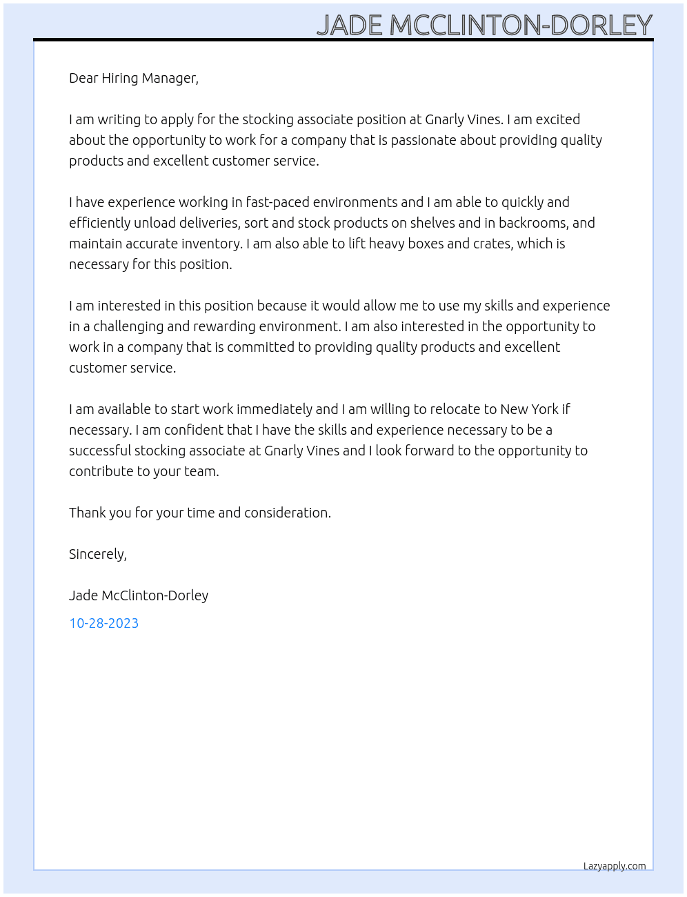 Stocking Associate At Gnarly Vines Cover Letter