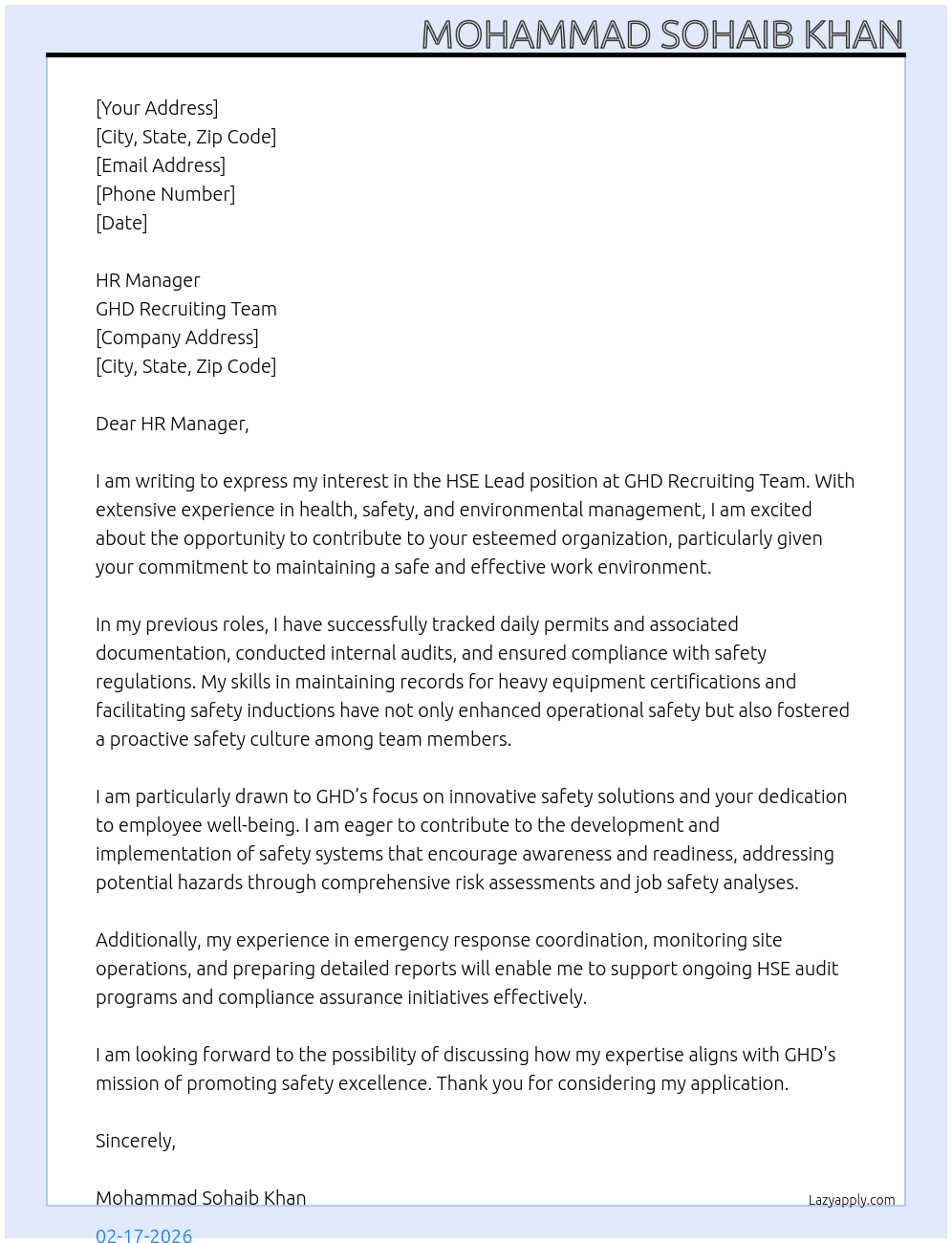 HSE LEAD At GHDGHD RECRUITING TEAM Cover Letter