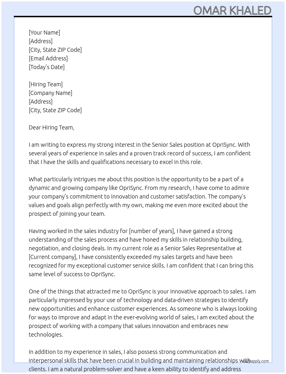 Senior Sales At OpriSync Cover Letter
