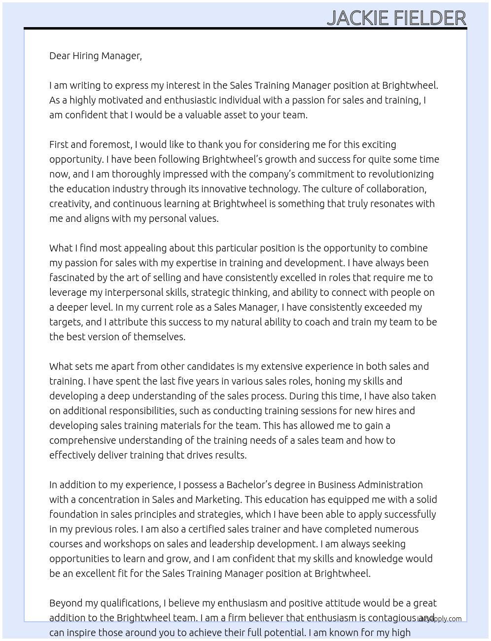 Sales Training Manager At Brightwheel Cover Letter