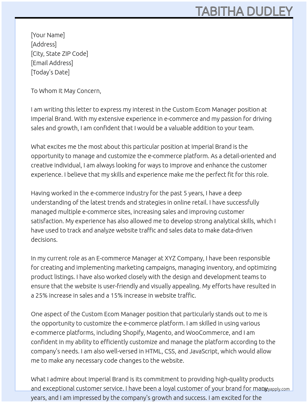 Custom ecom manager At Imperial brand Cover Letter