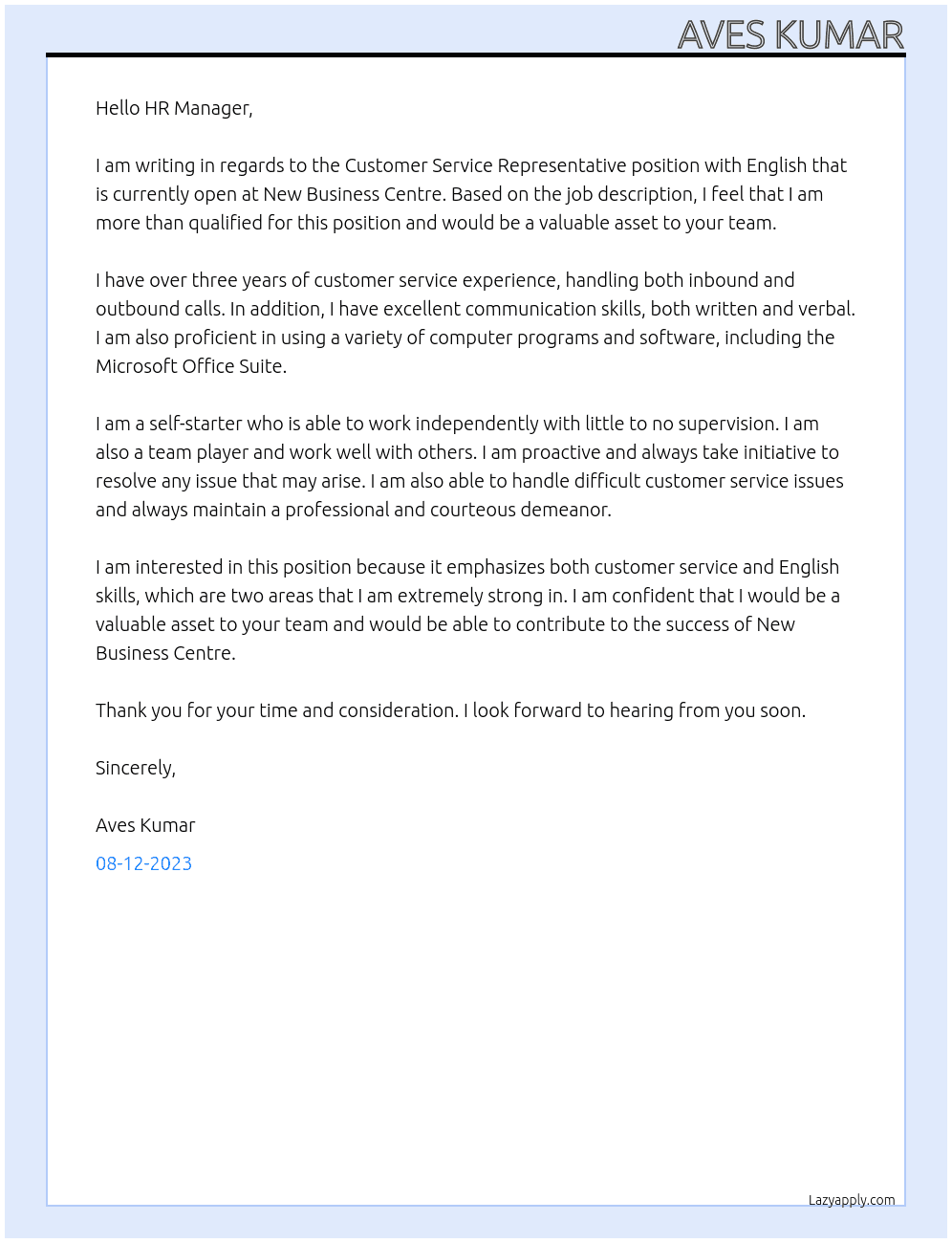 Customer Service Representative with English At New Business Centre - Customer Service Cover Letter