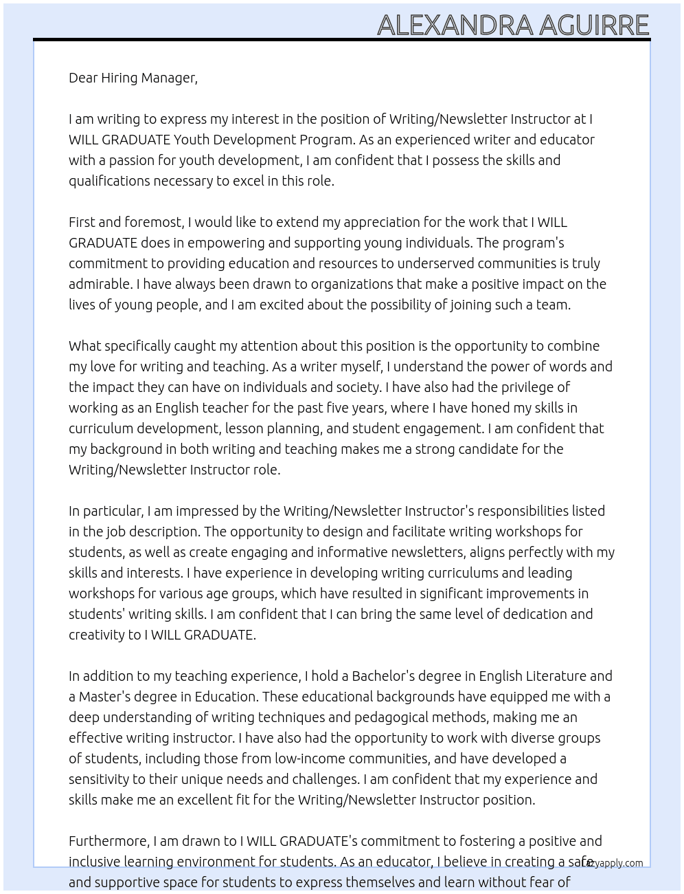Writing/Newsletter Instructor At I WILL GRADUATE Youth Development Program Cover Letter