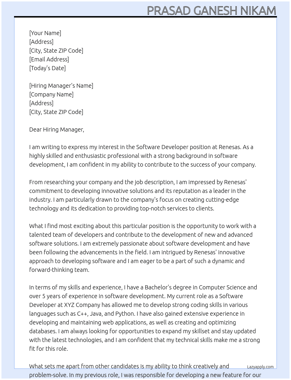 Software Developer At Renesas Cover Letter