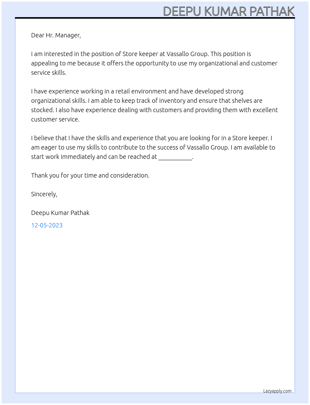 Store keeper At Vassallo Group Cover Letter