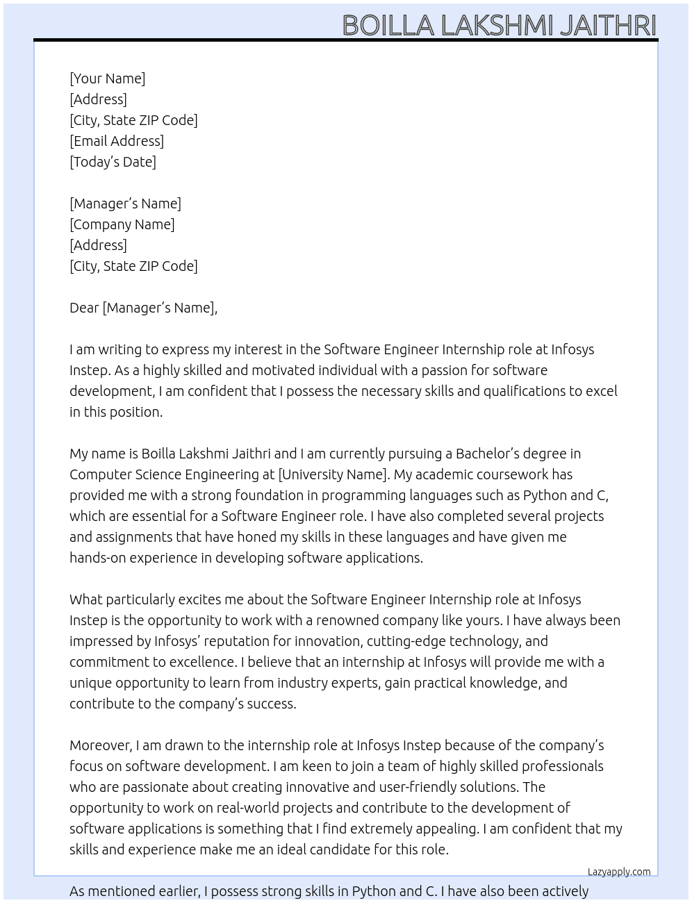 Software Engineer At Infosys instep  Cover Letter