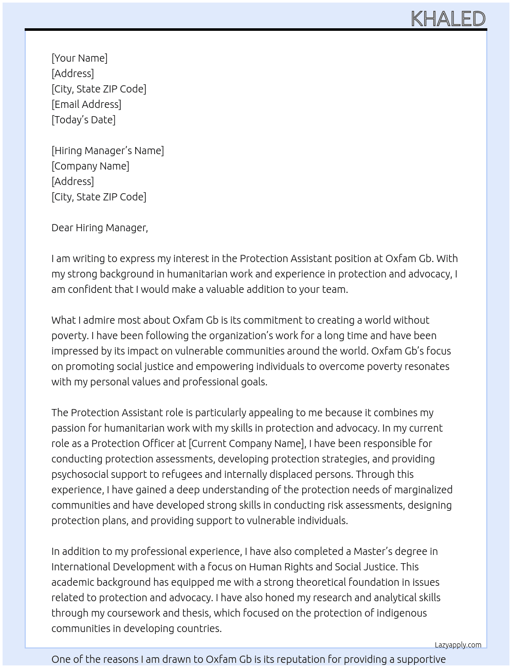 Protection Assistant At Oxfam Gb Cover Letter