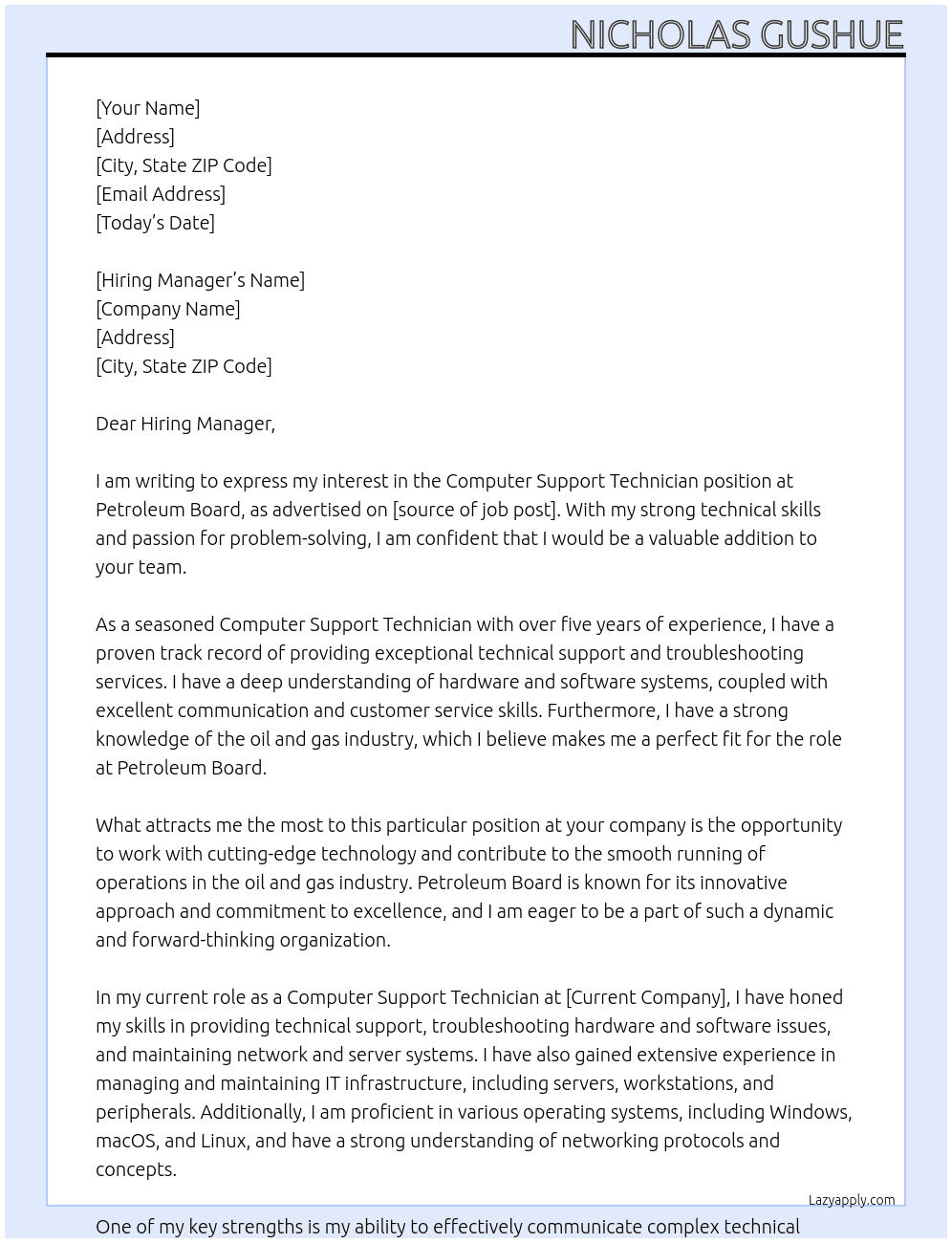 Computer Support Technician At Petroleum Board Cover Letter