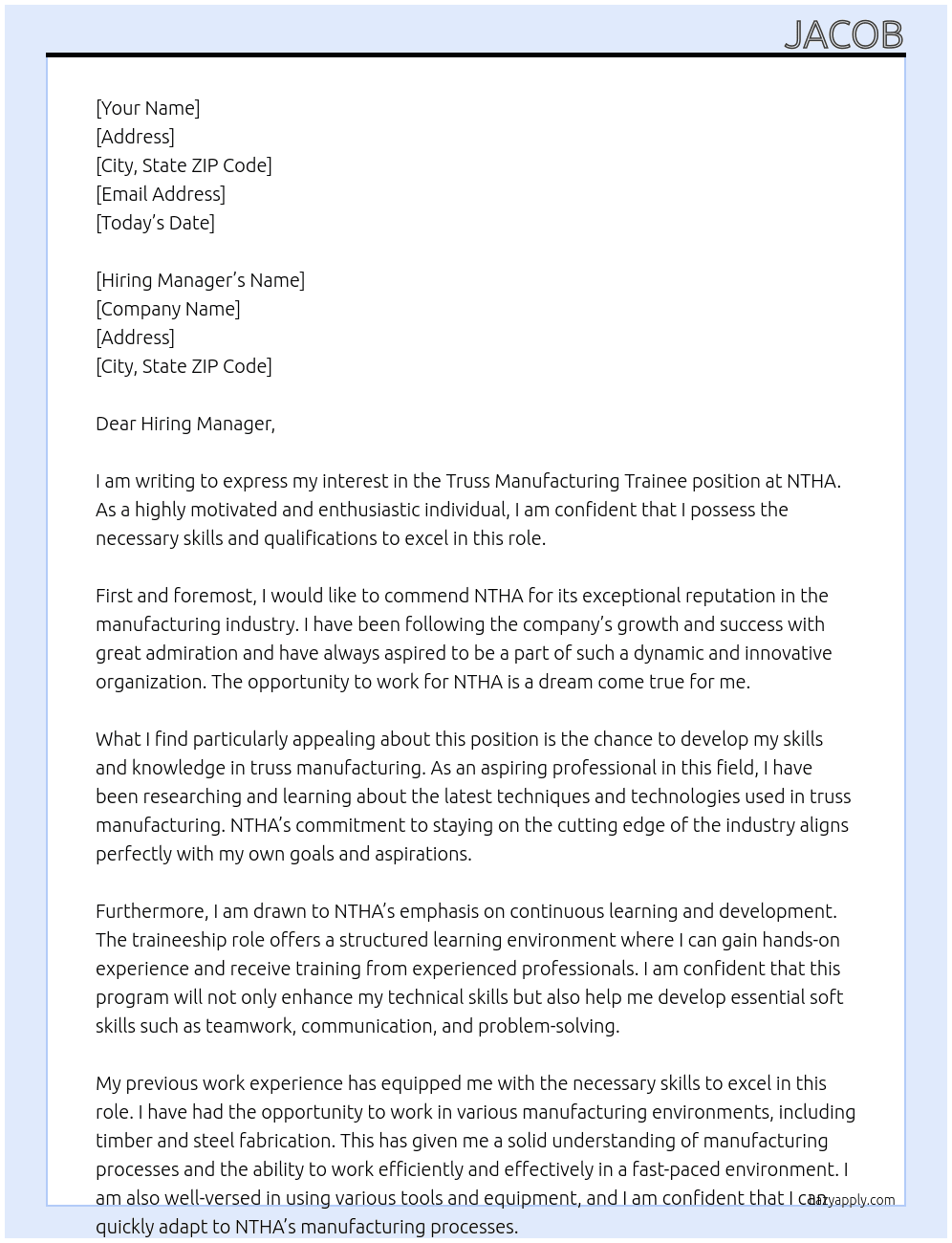 Truss Manufacturing Trainee At NTHA Cover Letter