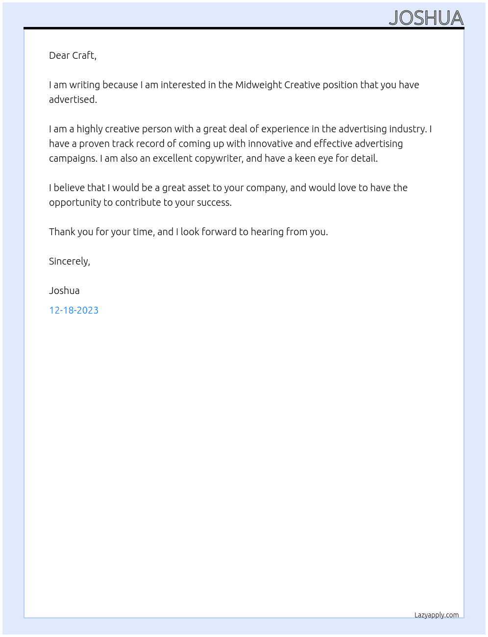 Midweight Creative At Craft Cover Letter