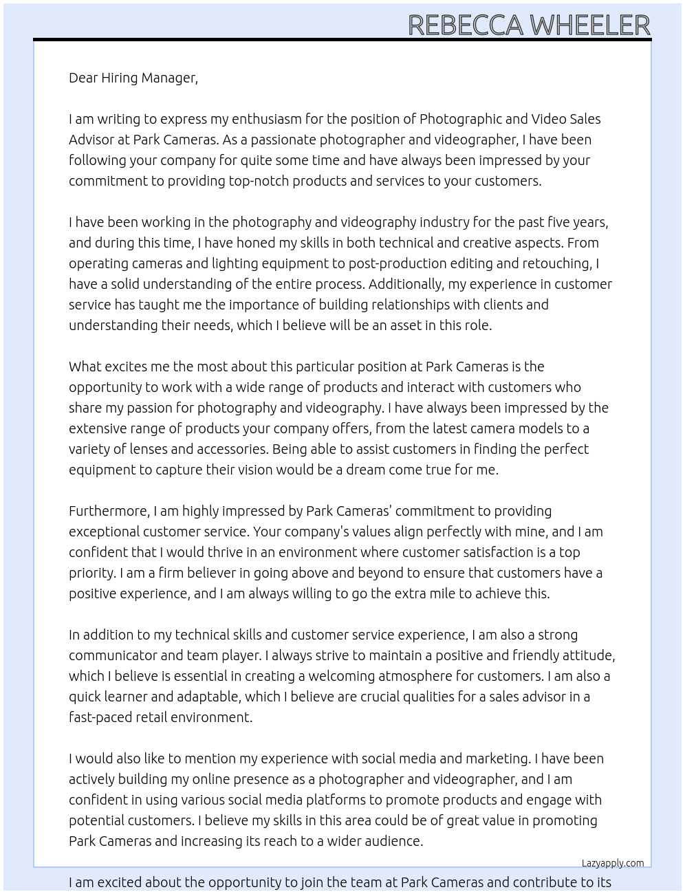 Photographic and Video Sales Advisor At Park Cameras Cover Letter