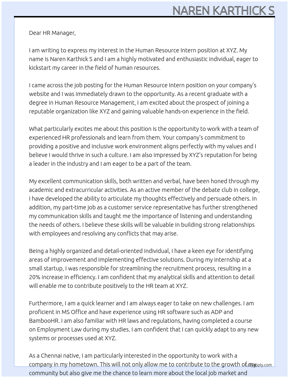 Human resource intern At Xyz Cover Letter