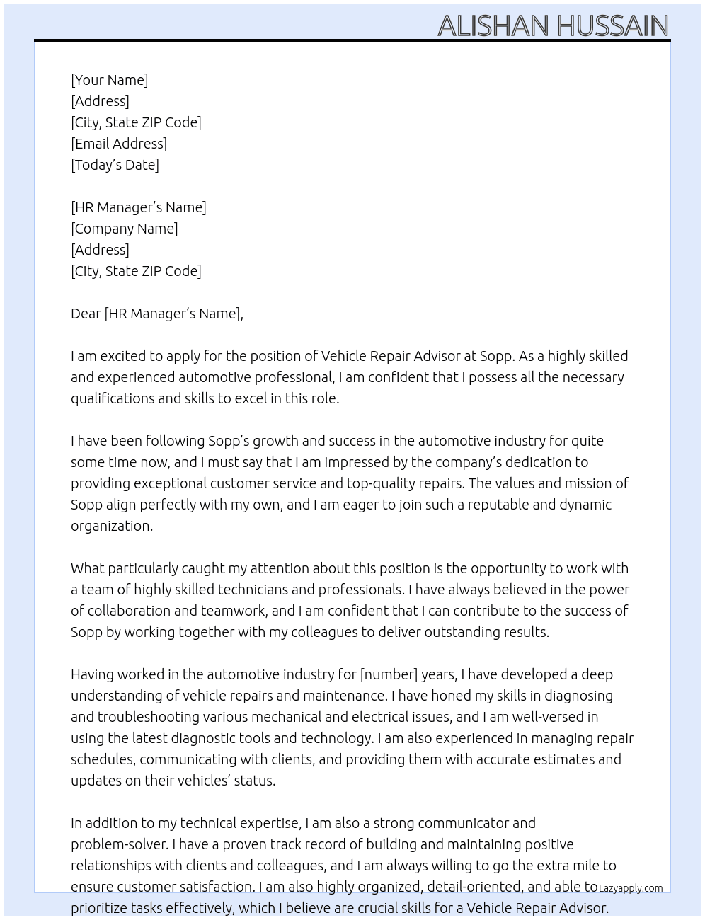 Vehicle repair advisor At Sopp Cover Letter