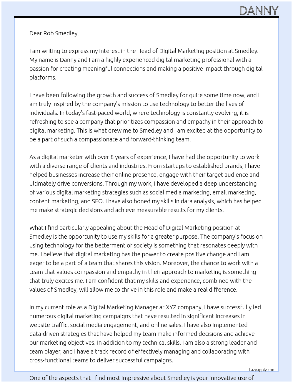 Head of Digital Marketing At Smedley  Cover Letter