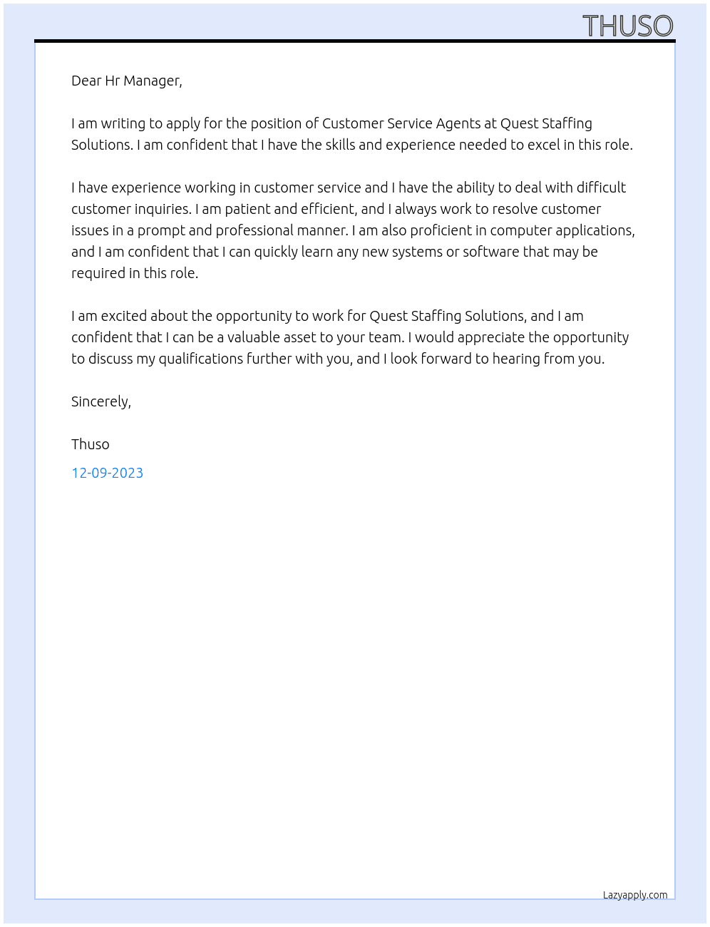Customer Service Agents At Quest Staffing Solutions Cover Letter