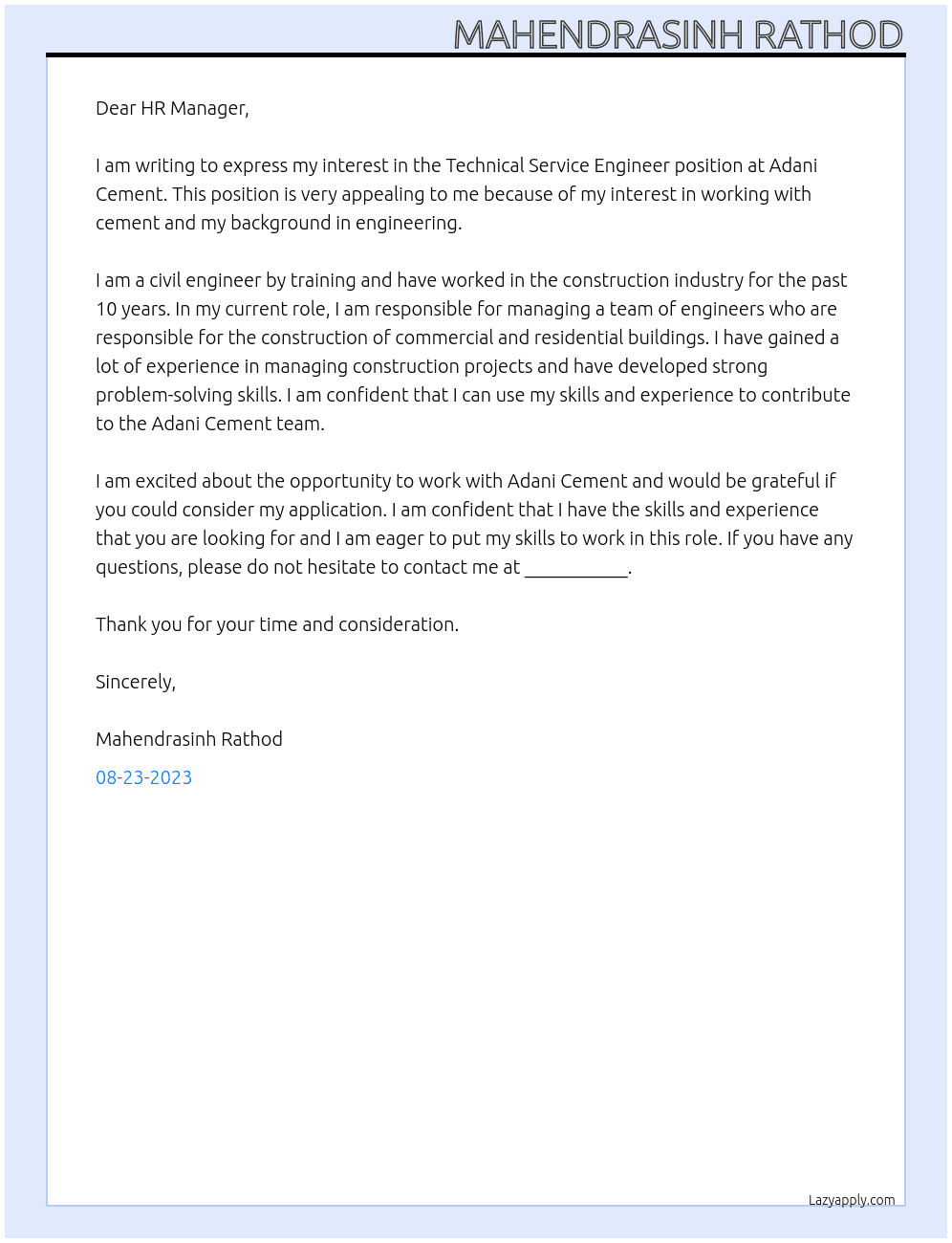Technical Service Engineer At Adani Cement Cover Letter