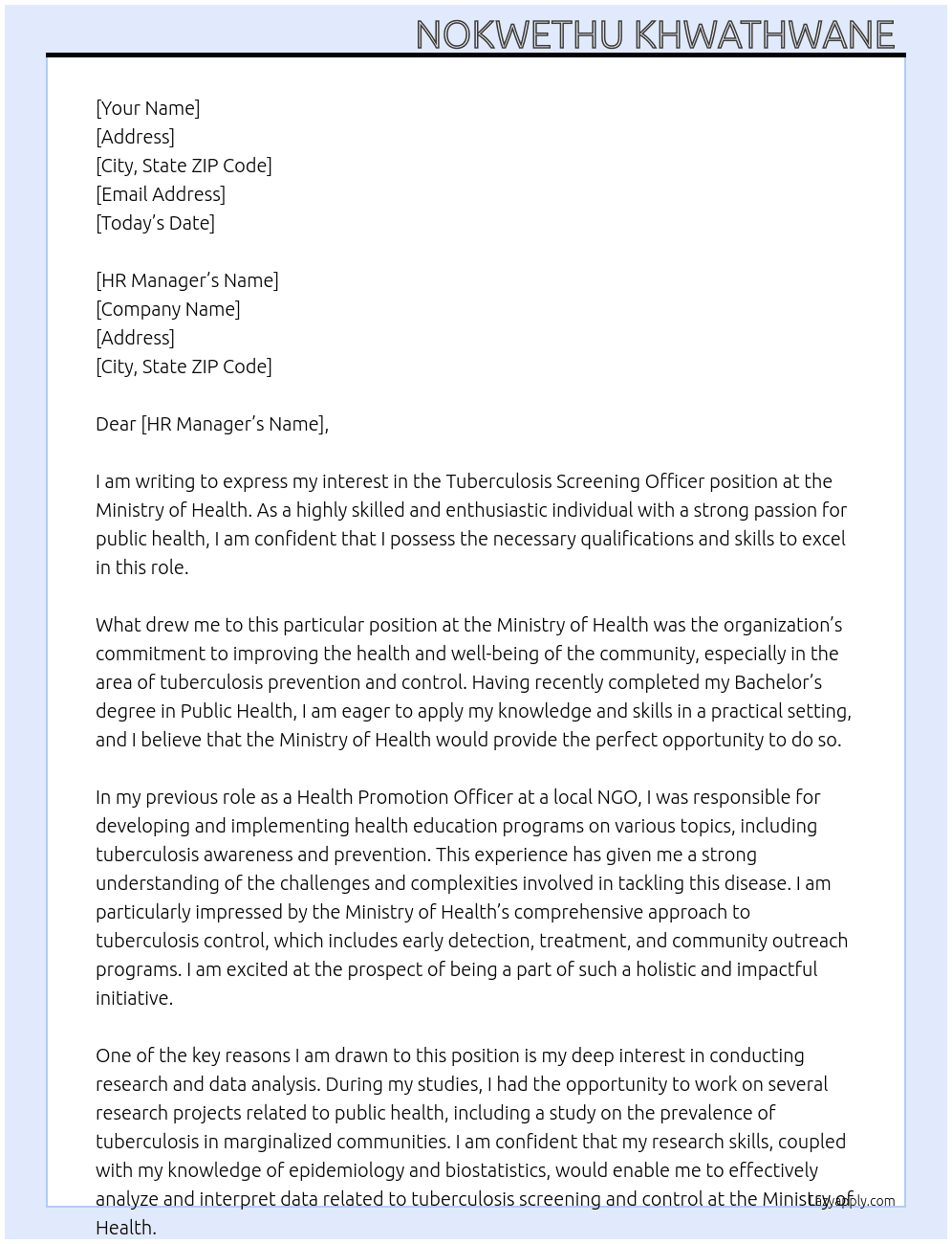 Tuberculosis screening Officer At Ministry of health  Cover Letter