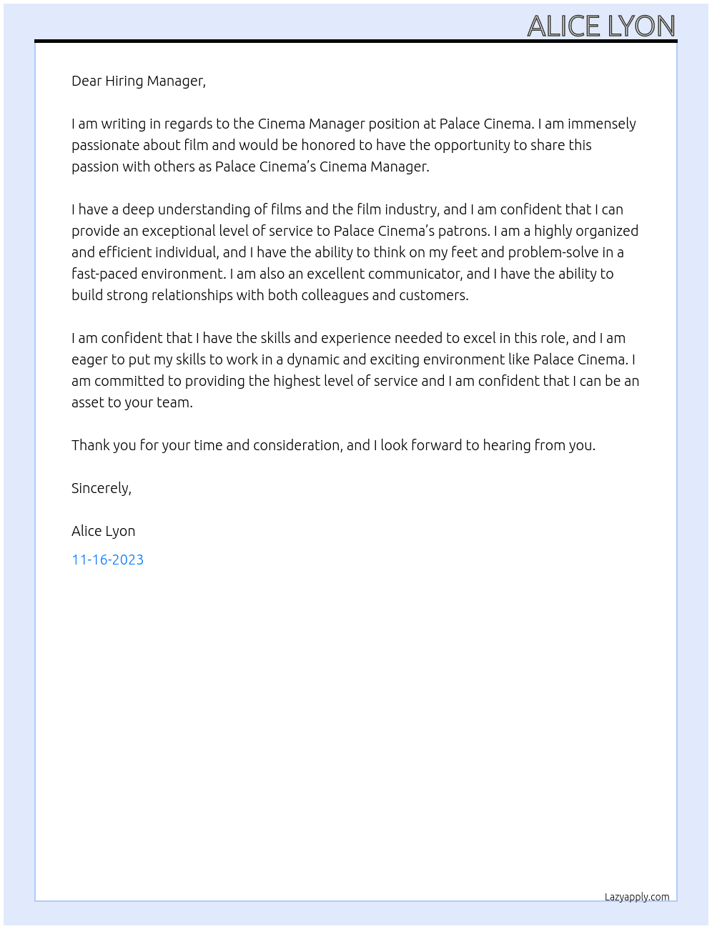 CInema Manager At Palace Cinema Cover Letter