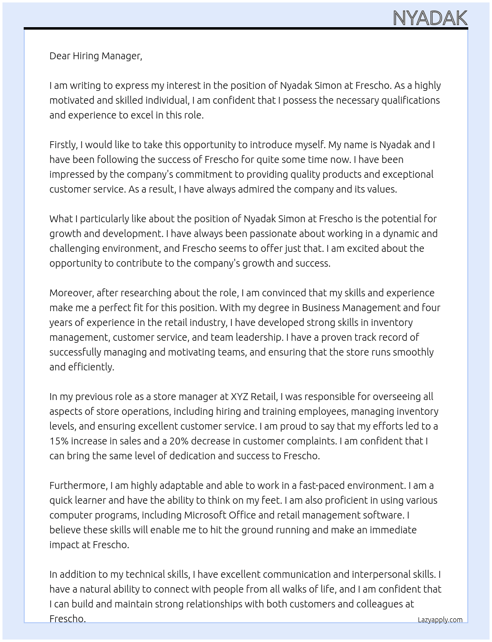 Nyadak simon At Frescho Cover Letter