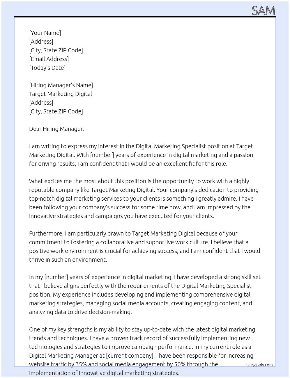 Digital Marketing Specialist At Target Marketing Digital Cover Letter