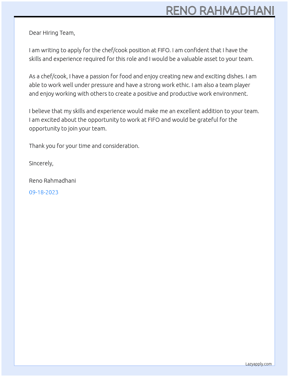 chef/cook At FIFO  Cover Letter