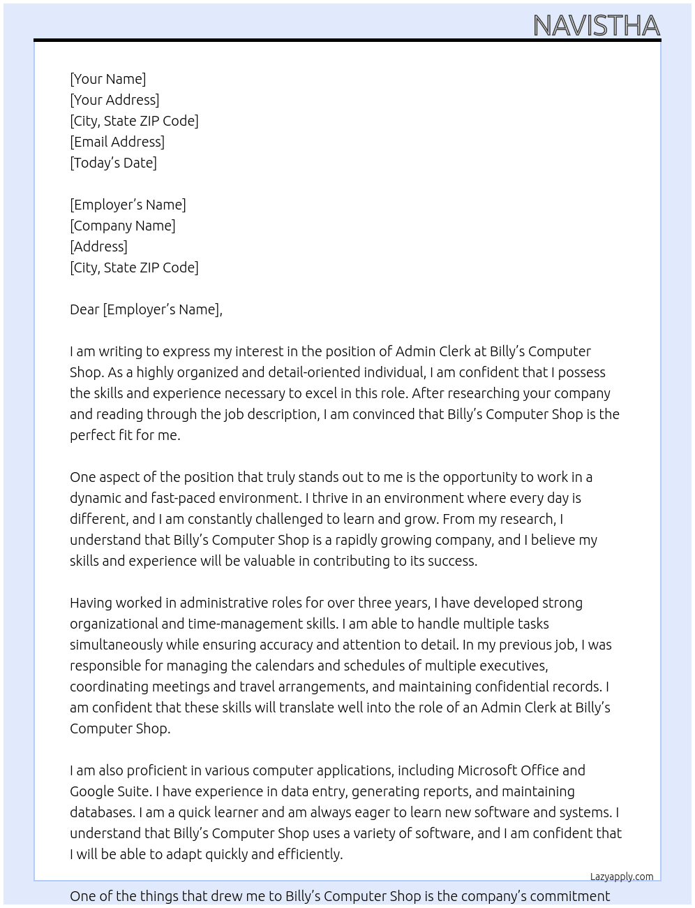 Admin clerk At billy's computer shop Cover Letter