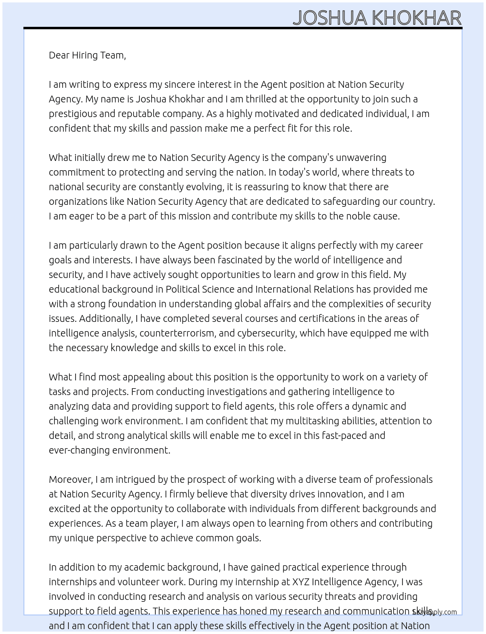 Agent At Nation Security Agency Cover Letter
