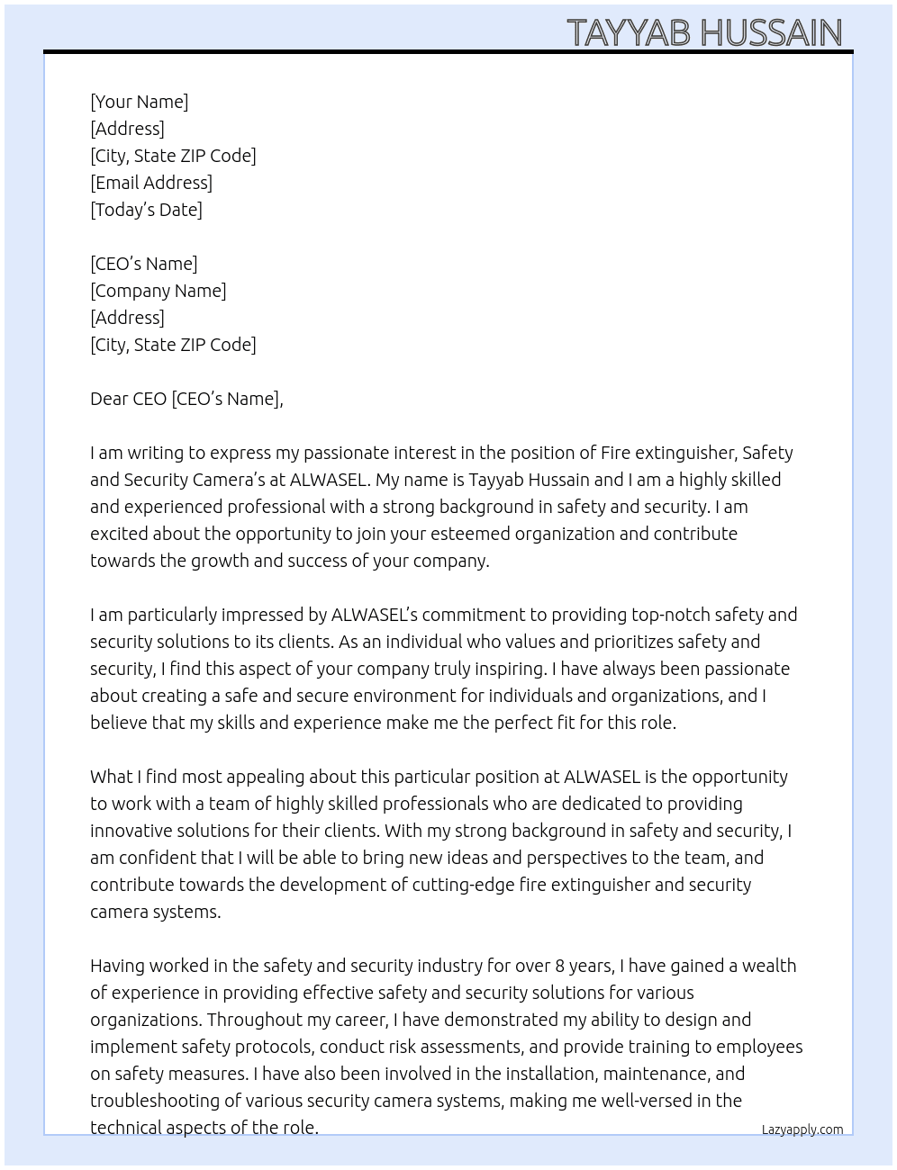 Fire extinguisher.safety.security camera's At ALWASEL Cover Letter