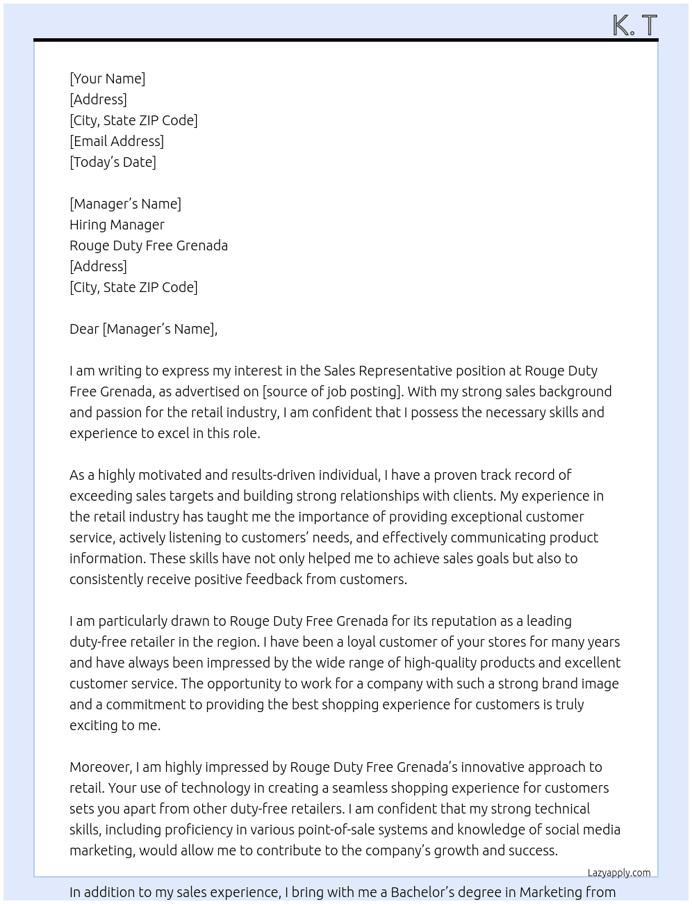 Sales Representative At Rouge Duty Free Grenada  Cover Letter