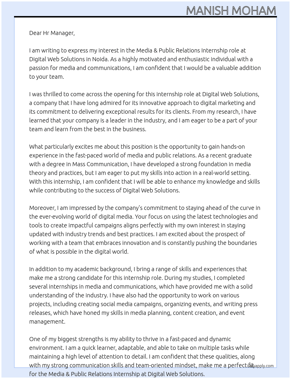 Media & public relations internship  At Digital Web solutions  Cover Letter
