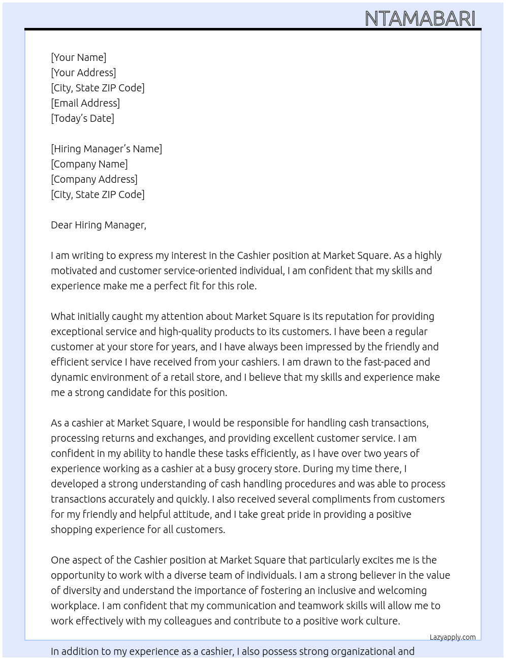 Cashier  At Market Square  Cover Letter