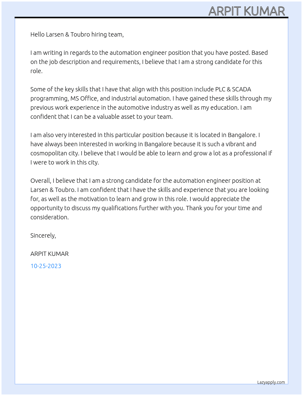 Automation engineer  At Larsen & toubro Cover Letter
