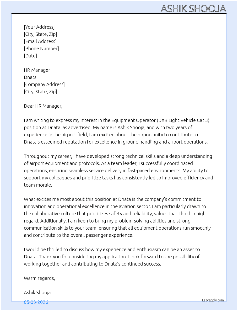 Cover letter for equipment operator dxb light vechile cat 3 - LazyApply