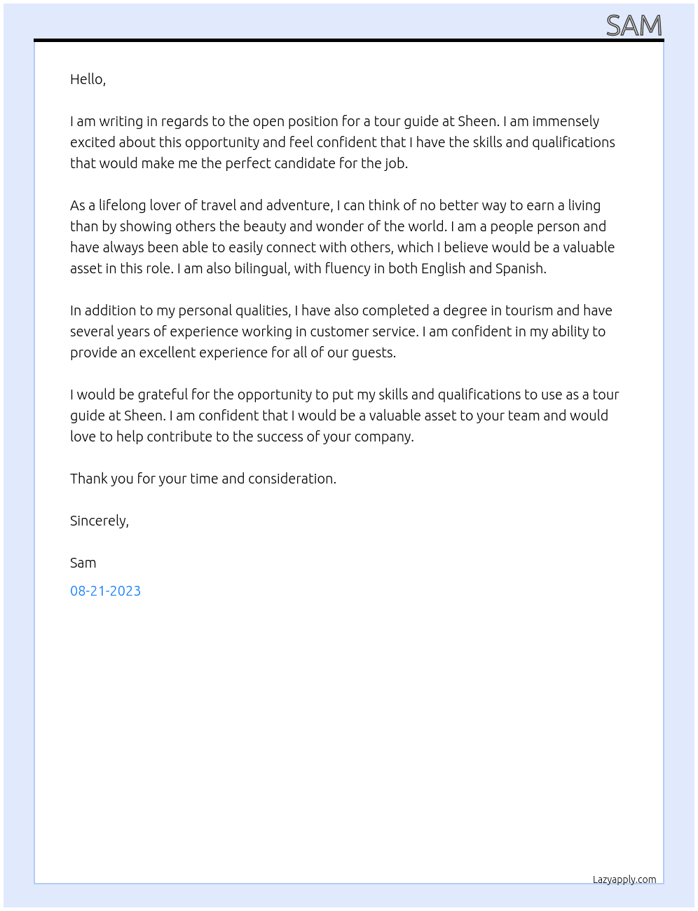 tour guide At sheen Cover Letter